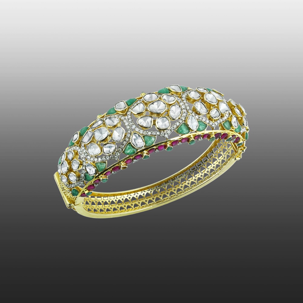 Polki Bangle with Green and Red Talaf, and Diamond Detailing